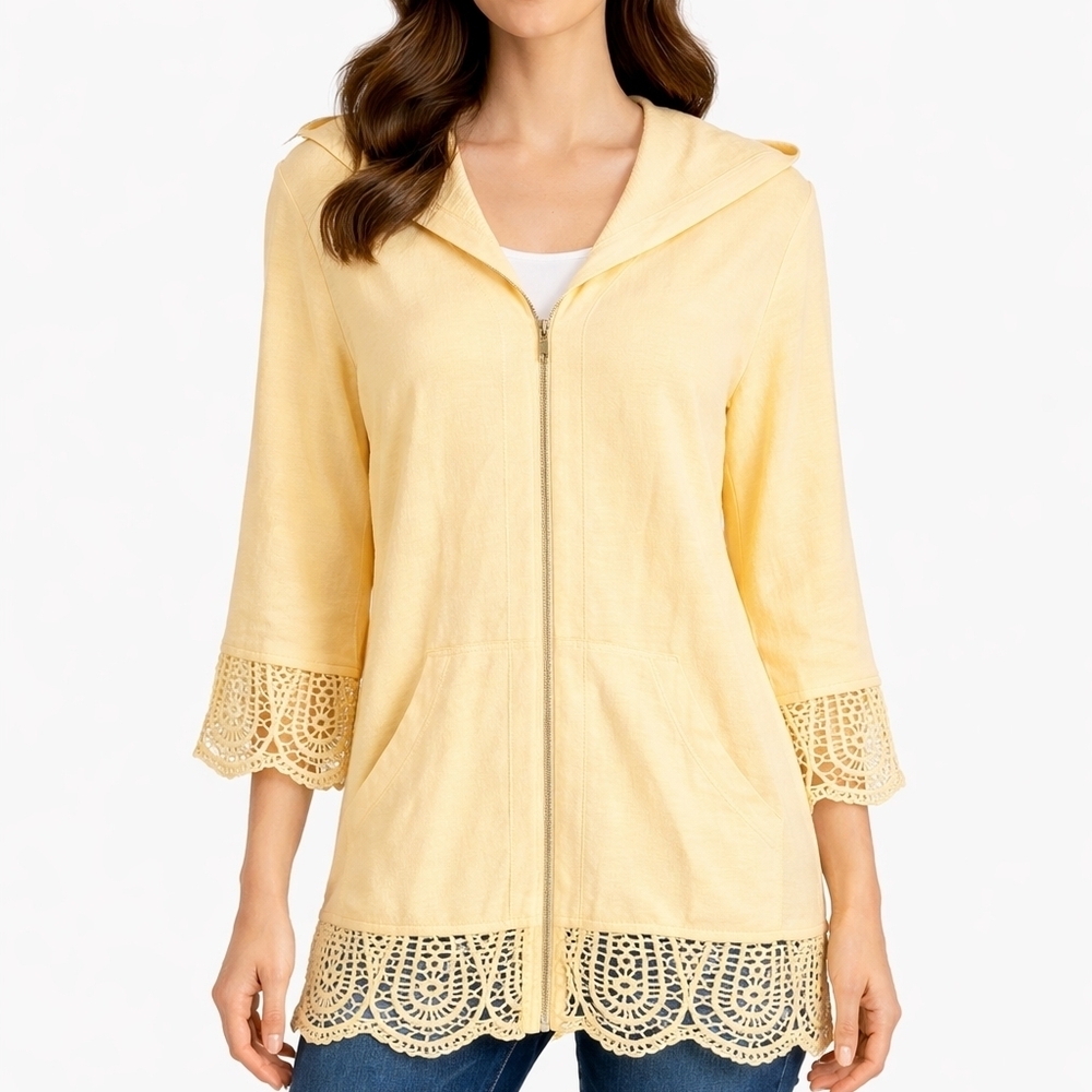 Chicos Zenergy Spring Yellow Hoodie Jacket Size 1 Or M Lace Trim Zip Lightweight